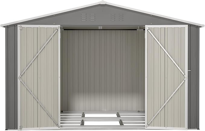 PVWIIK 10x8 FT Large Outdoor Metal Storage Shed, Heavy Duty Waterproof Steel Garden Tool Shed with Lockable Doors, Utility Storage Building for Backyard Patio Lawn Garden, Grey