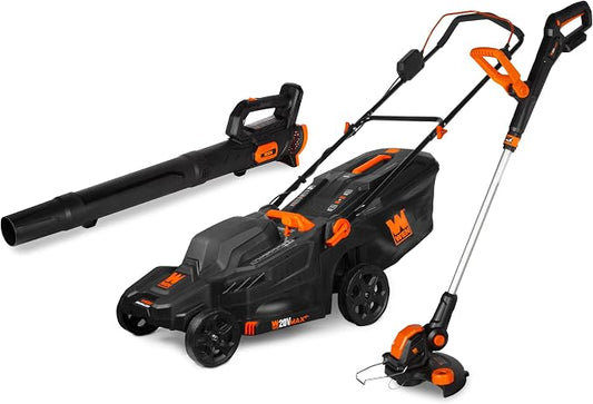 WEN 20V Max Cordless 19-Inch Lawn Mower, String Trimmer, and Leaf Blower Combo Kit with Two 5Ah Batteries and Dual Port Charger (20VK3TBM)