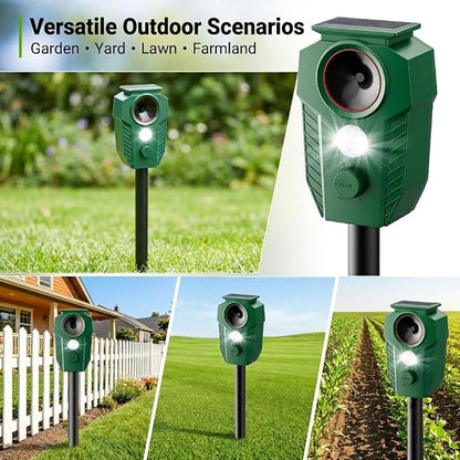 4 Pack Solar Ultrasonic Animal Repellent, 2.4GHz Wireless Synchronized Mesh Linked System, Deer Repellent Devices Motion Activated Cat & Raccoon Deterrent for Yard Garden, IP65 Waterproof LED Light