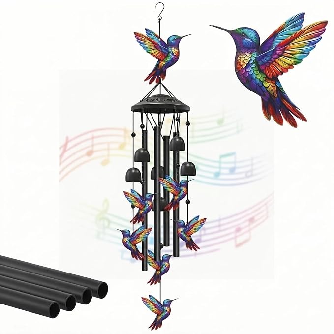 36" Rainbow Hummingbird Wind Chimes for Outside, Memorial Sister Gifts | Rainbow-gradient birds, black aluminum tubes, bells & S-hook. A soothing rustic deep tone decor for spring courtyards