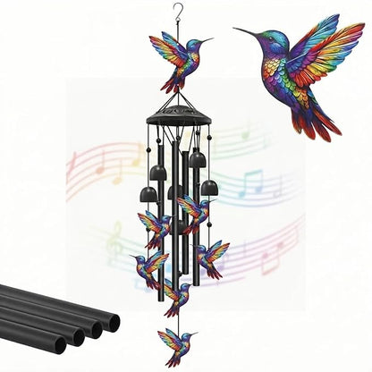36" Rainbow Hummingbird Wind Chimes for Outside, Memorial Sister Gifts | Rainbow-gradient birds, black aluminum tubes, bells & S-hook. A soothing rustic deep tone decor for spring courtyards