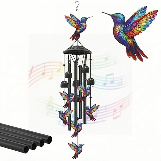 36" Rainbow Hummingbird Wind Chimes for Outside, Memorial Sister Gifts | Rainbow-gradient birds, black aluminum tubes, bells & S-hook. A soothing rustic deep tone decor for spring courtyards
