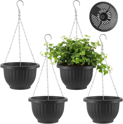 4 Pack Hanging Planters, 9.3 Inch Self Watering Pots for Indoor Plants | Black Plastic Hanging Baskets for Plants Outdoor for Porch Balcony Patio Decor