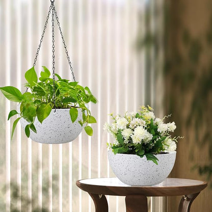Meowell 10 inch Hanging Planters for Indoor Outdoor Plants, 2 Pack Hanging Flower Pots with Drainage Holes and Chain for Garden Porch, Plastic Hanging Baskets for House Plants, Speckled White