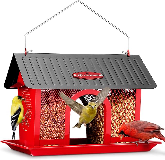Kingsyard Wild Bird Feeder for Outdoors Hanging, All Metal | Dual-Use Mesh with 360° Feeding, Weatherproof Roof, 3 lb Seed Capacity, Garden Decor & Birding Gift, Red