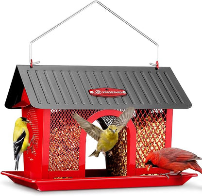 Kingsyard Wild Bird Feeder for Outdoors Hanging, All Metal | Dual-Use Mesh with 360° Feeding, Weatherproof Roof, 3 lb Seed Capacity, Garden Decor & Birding Gift, Red