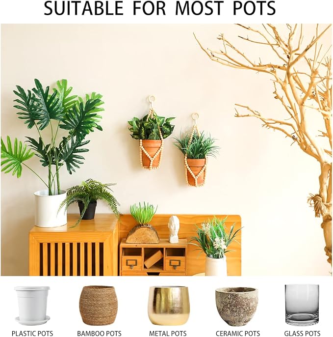 Artilady 2 Pack Beaded Plant Hanger Indoor - Macrame Hanging Planters for Plants Holder No Tassels with Wooden Beads Boho Farmhouse Rustic Home Decor (Wood Color Bead-2pcs)