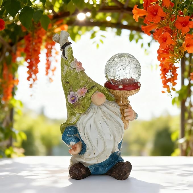 Garden Gnome Solar Light StatueOutdoor Decorative Statue | Gnome With Crackle Glass Globe, Blue & White Floral Design, Waterproof LED Yard Art for Patio, Lawn, Garden,Gift for Women