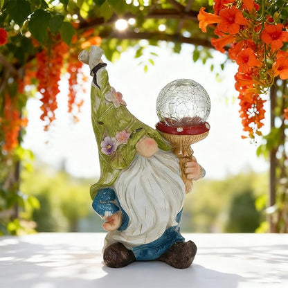 Garden Gnome Solar Light StatueOutdoor Decorative Statue | Gnome With Crackle Glass Globe, Blue & White Floral Design, Waterproof LED Yard Art for Patio, Lawn, Garden,Gift for Women