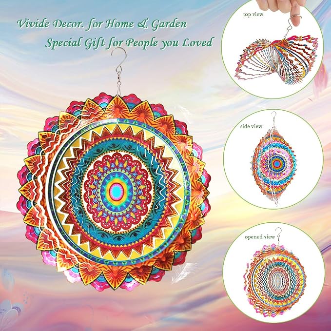 FONMY Stainless Steel Wind Spinner Worth Gift Indoor Outdoor Garden Decoration Crafts Ornaments 12 inch Multi Color Mandala Wind Spinners