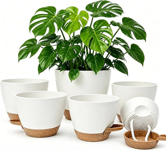 Plant Pots for Indoor 9/8/7/6.5/6/5 Inch, Self Watering Planter Pots with Drainage Holes and Saucers, 6Pcs Plastic Flower Pots for Indoor & Outdoor Plants（White）