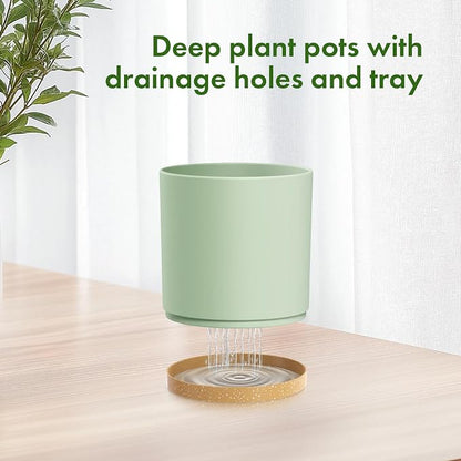 Meowell 8/7/6 inch Plant Pots, 3 Pack Cylinder Flower Pots for Outdoor Indoor Plants, Decorative Plastic Planters with Drainage Holes and Saucers for Garden House Plants, Green with Brown