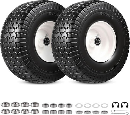 15x6.00-6 Flat Free Lawn Mower Tire and Wheel, 15x6-6 Front Tire Assembly Compatible with John Deere Husqvarna Riding Mowers Lawn Tractors, with 3/4" & 5/8" Bearings, 3" Centered Hub, 2 Pack