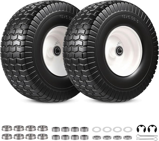 15x6.00-6 Flat Free Lawn Mower Tire and Wheel, 15x6-6 Front Tire Assembly Compatible with John Deere Husqvarna Riding Mowers Lawn Tractors, with 3/4" & 5/8" Bearings, 3" Centered Hub, 2 Pack