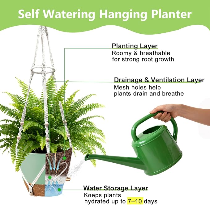 2 Pack Self Watering Hanging Planters with Grow Light for Indoor Plants | 10 Brightness, 3 Light Modes, 3/9/12H Timer, Built-In Reservoir, Drainage Holes, 10 in Pots