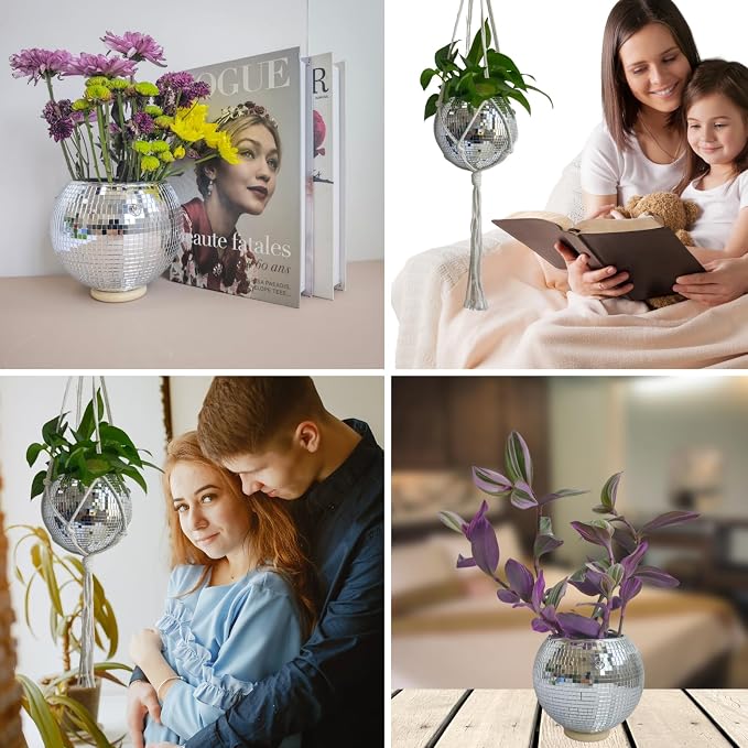 Disco Ball Hanging Plant Pots, Boho Silver Mirror Disco Planter with Chain Hook and Macrame Rope for Indoor Outdoor Decor and Wooden Stand for Desk,Self Watering Insert Pots