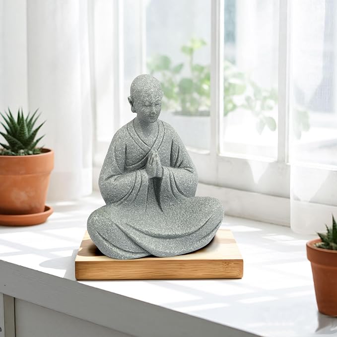 Zen Monk Statue Meditation Decor - Craft Sandstone 3.7inch Small Buddha Statue, Praying Pose for Desk Decor, Unique Gift for Buddha Lovers