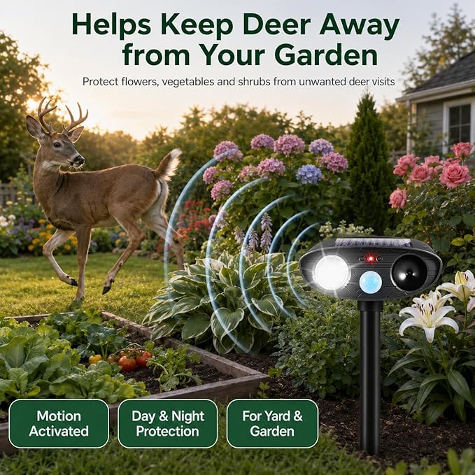 2026 4Pack Sonic Fortress Pro Deer Repellent Devices Solar Ultrasonic Animal Repellent with Motion Sensor&Flash Light-IP65 Waterproof Cat Repellent Outdoor,Rabbit Fortress Pro for Flowers,Plant