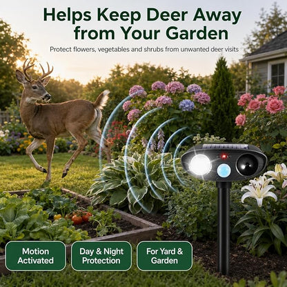 2026 4Pack Sonic Fortress Pro Deer Repellent Devices Solar Ultrasonic Animal Repellent with Motion Sensor&Flash Light-IP65 Waterproof Cat Repellent Outdoor,Rabbit Fortress Pro for Flowers,Plant