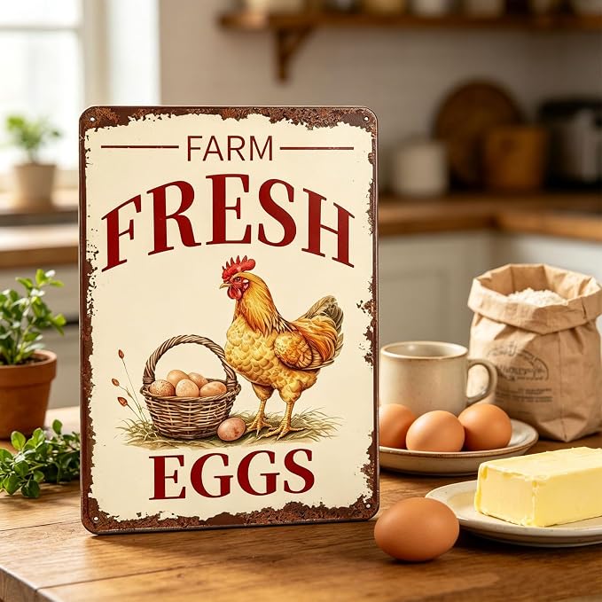 Metal Signs Farm Fresh Eggs Chicken Vintage Tin Sign for Farmhouse Chicken Coop Farm Kitchen Wall Decor 12x8 Inch