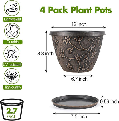 Nooulap 12 Inch Pots for Plants with Drainage, Large Plastic Flower Pots Outdoor Indoor, Decorative Planters with Gold Flower Pattern for Home, Porch, Balcony & Garden (Retro Brown)