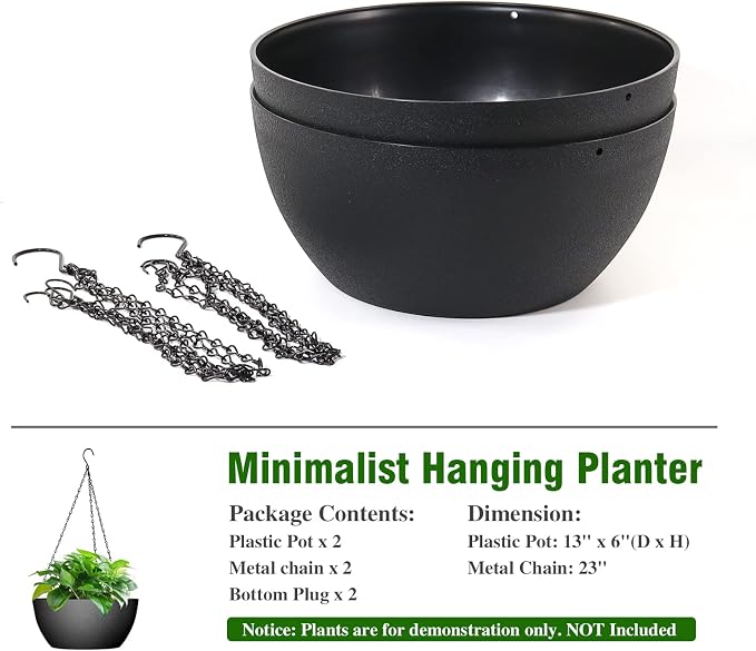 WSMKSZ 13 inch Large Hanging Planters Plant Pots for Outdoor Indoor Plants with Drainage Holes and Chain, 2 Pack Round Hanging Flower Pots for Garden Home Porch Decor, Black