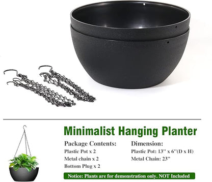 WSMKSZ 13 inch Large Hanging Planters Plant Pots for Outdoor Indoor Plants with Drainage Holes and Chain, 2 Pack Round Hanging Flower Pots for Garden Home Porch Decor, Black