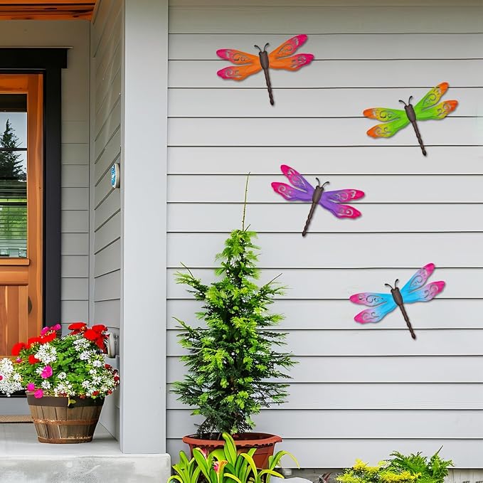 Outdoor Dragonfly Wall Decor, 4 Pcs 14.5‘’ Metal Dragonfly Wall Art Hanging Sculpture Decorations for Outside Yard Patio Fence Garden Exterior Decor