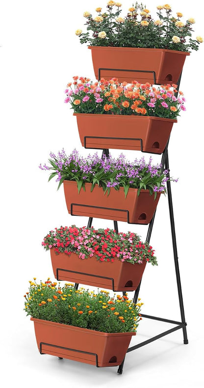 5 Tier Vertical Raised Garden Bed Planter Box, Vertical Raised Bed with Drainage Holes for Indoor Outdoor Herbs Flowers Vegetables Plants, Red