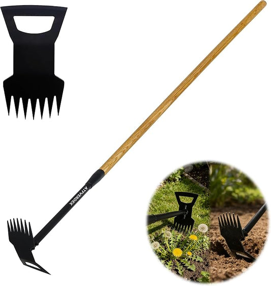 60" Wooden Handle 2 in 1 Uprooting Tool,7-Tine Garden Hoe for Weeding,Weed Remover for Yard,Sidewalks,Driveways,and Areas Around Residential Entrance Fences(7-Tooth Wooden Handle)