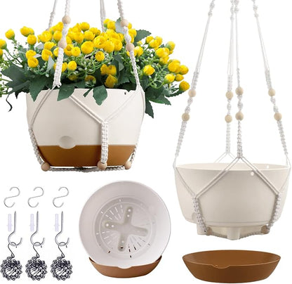 3 Pack 8/10/12 Inch Hanging Planters for Indoor Plants with Self-Watering Includes Hanging Pots for Plants, Outdoor Hanging Flower Pots with Drainage, and 2 Types of Hanging Baskets Hangers (White)