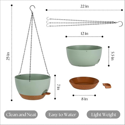 TYMENSH Hanging Plant Pots 12 Inch Set of 2, Self Watering Hanging Planters with Drainage Holes, Removable Saucer, Durable Plastic Flower Pots with Chains for Indoor Outdoor Plants, Green
