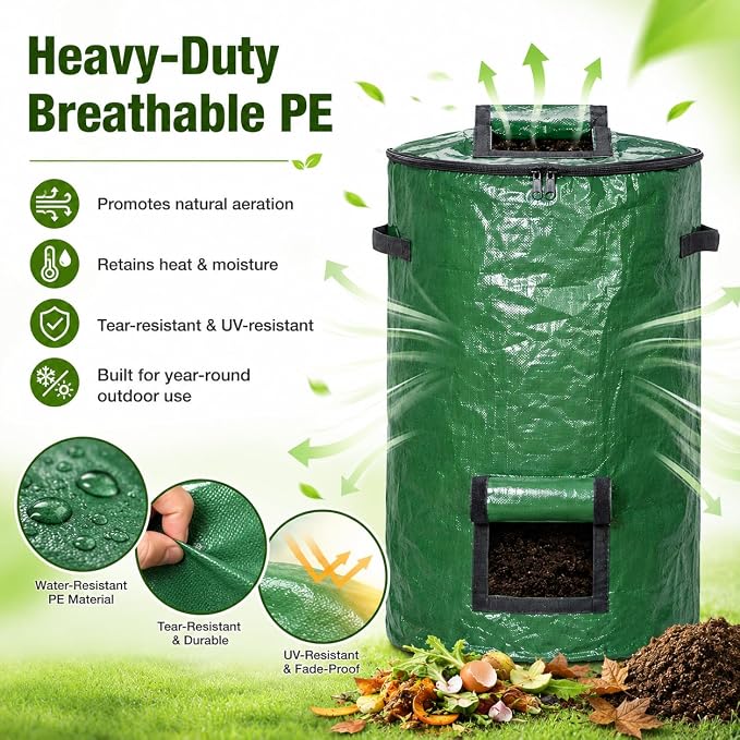 2PCS Compost Bin Outdoor with Window, 127L Garden Compost Bin Bags, Large Outdoor Collapsible Compost Bin, 34 Gallon Reusable Garden Yard Waste Bag for Yard Waste, Kitchen Scraps & Worm Compost