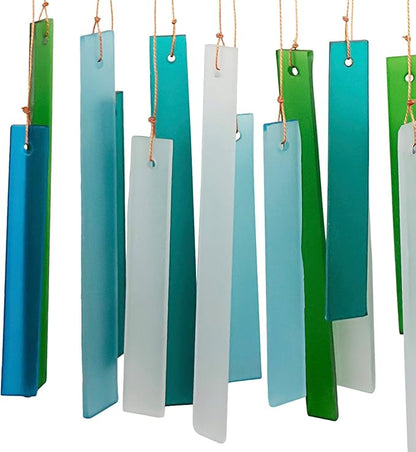 Ocean Blue Sea Glass Driftwood Wind Chime, Handcrafted Coastal, 15 Inch | Ocean Blue Glass; Driftwood Accent; Coastal Patio Decor; Handcrafted Wind Chime