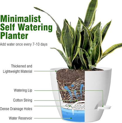 WSMKSZ 10 inch Self Watering Pots, 2 Pack Plastic Planters with Mesh Drainage Holes for Garden Plants and Flower, Plants Pots with Deep Reservoir for Indoor Outdoor Plants, White