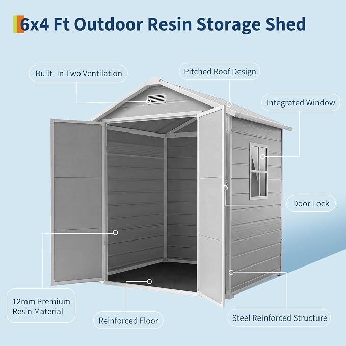 Outdoor Storage Shed with Floor, Plastic Resin Garden Shed with Window & Sloping Roof & Lockable Door for Patio Backyard Garden, Lawn Mower, Bike, Tool Storage (Light Gray, 6' x 4')