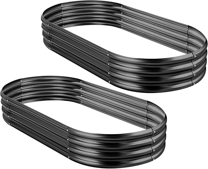 Land Guard 2Pcs Galvanized Raised Garden Bed Kit, 7.5×3×1ft Galvanized Planter Raised Garden Boxes Outdoor, Oval Large Metal Raised Garden Beds for Vegetables (Dark Grey)