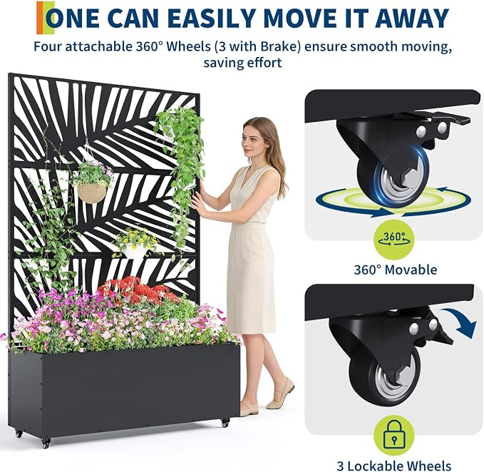 GarveeLife Metal Planter Box with Trellis and Wheels, 71"x47"x16" Raised Garden Bed for Climbing Plants, Vegetables, Vines, Privacy Planters for Patio with Drainage Holes, 15.7" Deep Planting Bed