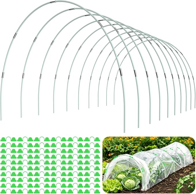 60Pcs Greenhouse Hoops for Raised Beds, Rust-Free Fiberglass | Garden Hoops Grow Tunnel Wide, 8FT Heavy Duty Plant Support Hoops with Flush Connectors & 24pcs Clips for Netting Row Cover