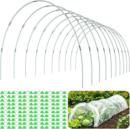 60Pcs Greenhouse Hoops for Raised Beds, Rust-Free Fiberglass | Garden Hoops Grow Tunnel Wide, 8FT Heavy Duty Plant Support Hoops with Flush Connectors & 24pcs Clips for Netting Row Cover