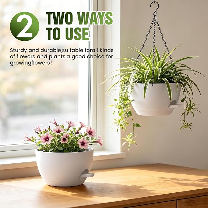 8 Inch Self Watering Hanging Planters Set of 3 with Saucers | Set of 3 8-inch self-watering hanging planters with side-fill watering ports, chain hangers & snap-on saucers