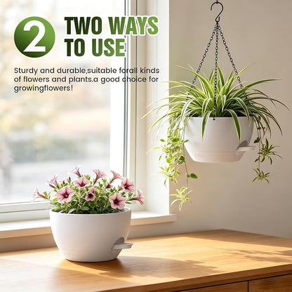 8 Inch Self Watering Hanging Planters Set of 3 with Saucers | Set of 3 8-inch self-watering hanging planters with side-fill watering ports, chain hangers & snap-on saucers