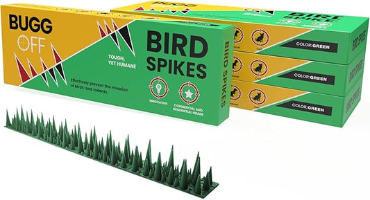 BUGGOFF - Green Plastic Bird & Rodent Spikes, Unique Spike Pattern effecitviely deteres Pesky Pigeons, Squirrels, Raccoons. Installs on Fences, Gates, Roofs, Walls and More! (52.5 Feet)