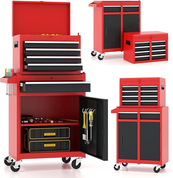 ARNOT 2-in-1 Rolling Tool Chest with 5 Drawers, Heavy-Duty Metal Tool Box with Wheels, Detachable Top Tool Box & Rolling Tool Cabinet for Garage, DIY, Mechanics, Red+Black