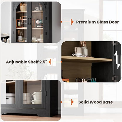 Garvee 70" Tall Kitchen Pantry Cabinet - Modern Display Cabinet with 4 Arched Glass Doors and Adjustable Shelves, Versatile Cupboard Organizers for Kitchen, Dining Room, Living Room, Bathroom, Black