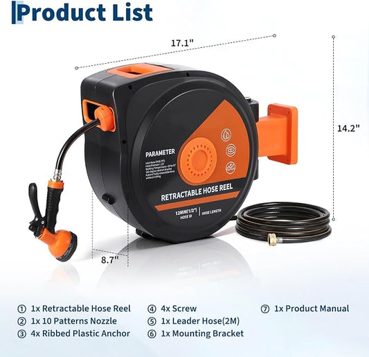1/2 in x 65 ft Retractable Garden Hose Reel, Wall Mounted, 9-Function Nozzle, Any Length Lock, 180° Swivel, Auto Slow Rewind for Watering Lawn, Washing Car, Cleaning Patio