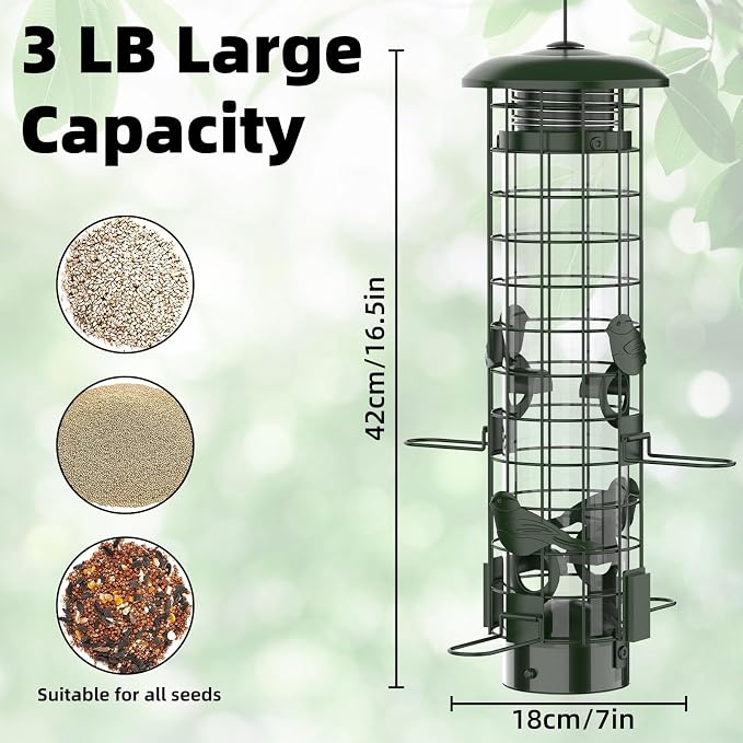 Squirrel Proof Bird Feeder,Metal Mesh Bird Feeders for Outdoors Hanging,Gravity Protection Squirrel Proof Wild Bird Feeders with Finch Cardinal Chickadee,3LB Large Capacity,Green