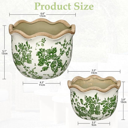 Hollyone 2 Pack Ceramic Planter Green Vintage Ceramic Pot 5.5 + 6.6inch Decorative Flower Plant Pot with Drainage Hole Crackle Glaze for Indoor Outdoor Tuscan Decor Home Living Room Garden Decor