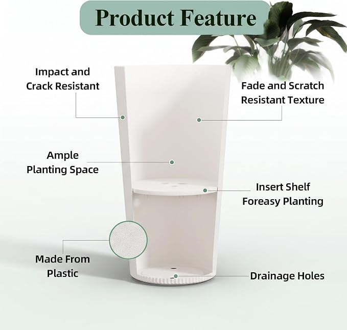 24" Tall Planters for Outdoor Plants with Insert, Set of 2 White | Large Outdoor Planters for Front Porch Decor with Drainage Hole, Plastic Striped Flower Pots Fits Indoor Plants Patio Garden
