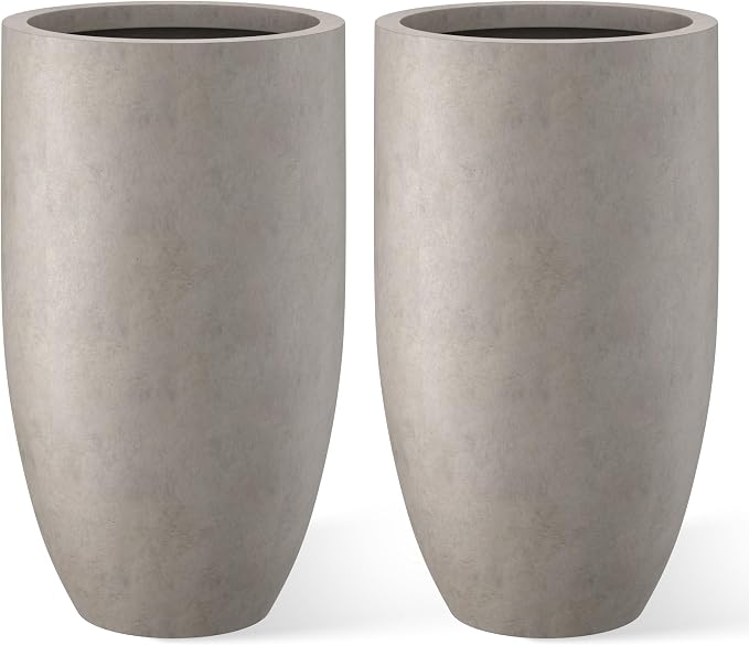 Kante 24" Tall Round Concrete Planter, 2 Pack Large Oval Plant Pots with Drainage Hole & Rubber Plug, Lightweight Weathered Concrete for Home Decor, Symmetrical Gift for Living Room Patio